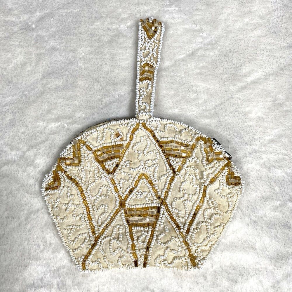 Vtg White Gold Beaded Clutch Purse Bridal Mermaidcore Coastal Boho Maximalist